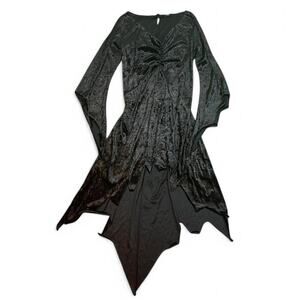 Black Velvet Gothic Fairy Dress w/ Long Sleeves Bow Tie Front Asymmetrical Hem‎